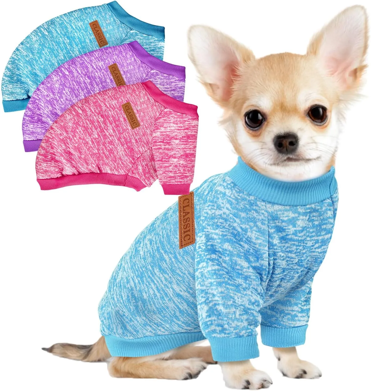3 Pack Dog Sweaters for Small Dogs Girl Boy Winter Fleece Clothes Warm Soft Dog Sweatshirt Outfit for Dogs Cats Pet Apparel (Rose Light Blue Purple, Medium)