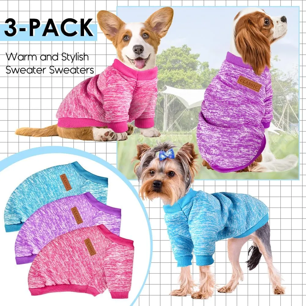 3 Pack Dog Sweaters for Small Dogs Girl Boy Winter Fleece Clothes Warm Soft Dog Sweatshirt Outfit for Dogs Cats Pet Apparel (Rose Light Blue Purple, Medium)