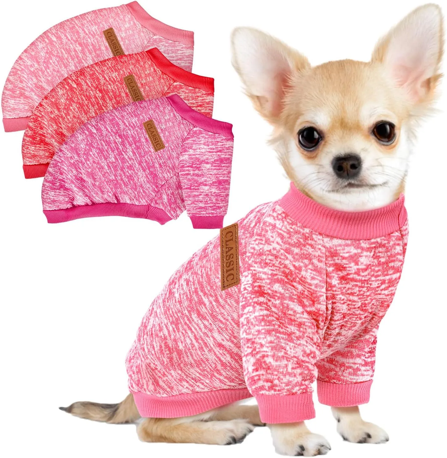 3 Pack Dog Sweaters for Small Dogs Girl Boy Winter Fleece Clothes Warm Soft Dog Sweatshirt Outfit for Dogs Cats Pet Apparel (Rose Red Pink, Medium)