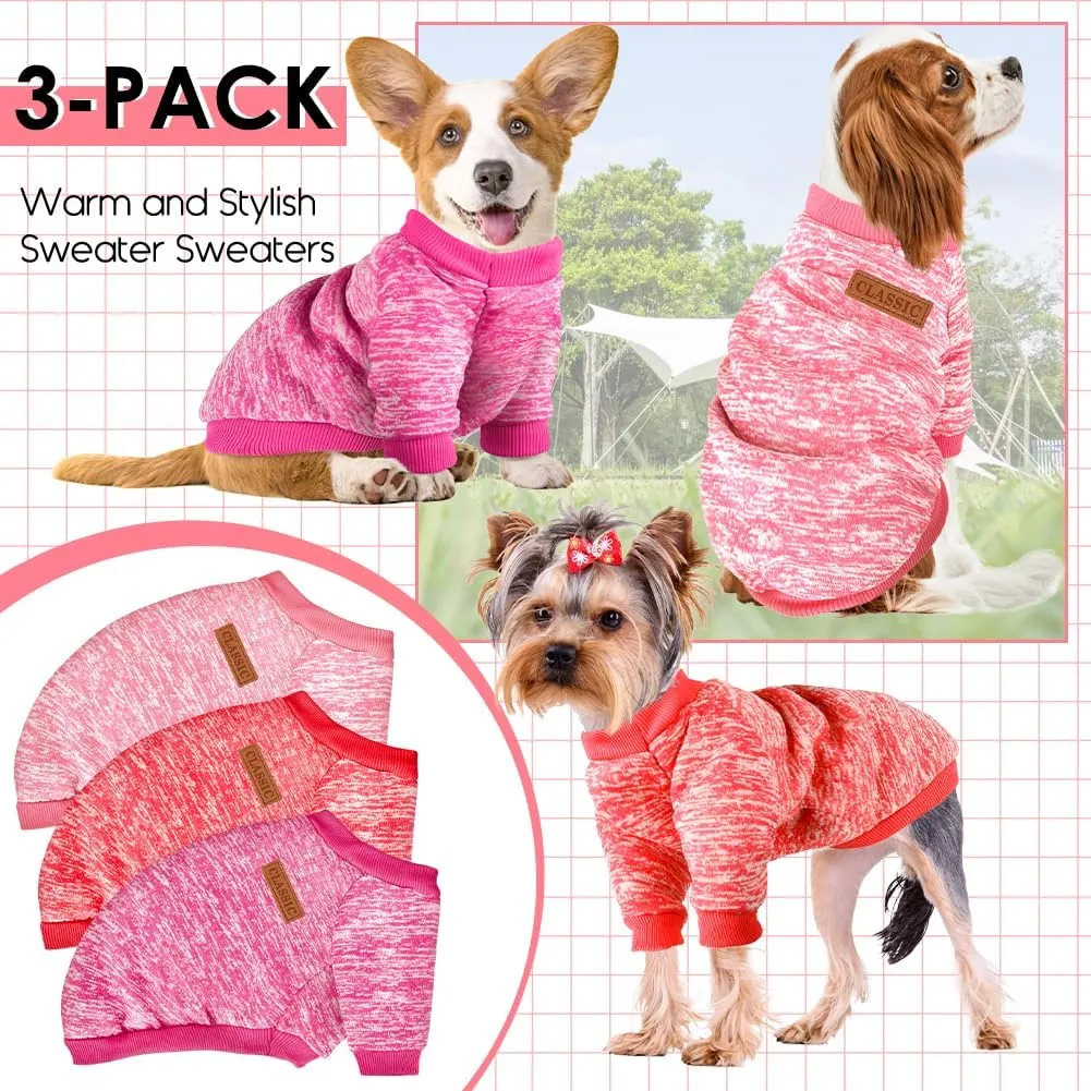 3 Pack Dog Sweaters for Small Dogs Girl Boy Winter Fleece Clothes Warm Soft Dog Sweatshirt Outfit for Dogs Cats Pet Apparel (Rose Red Pink, Medium)