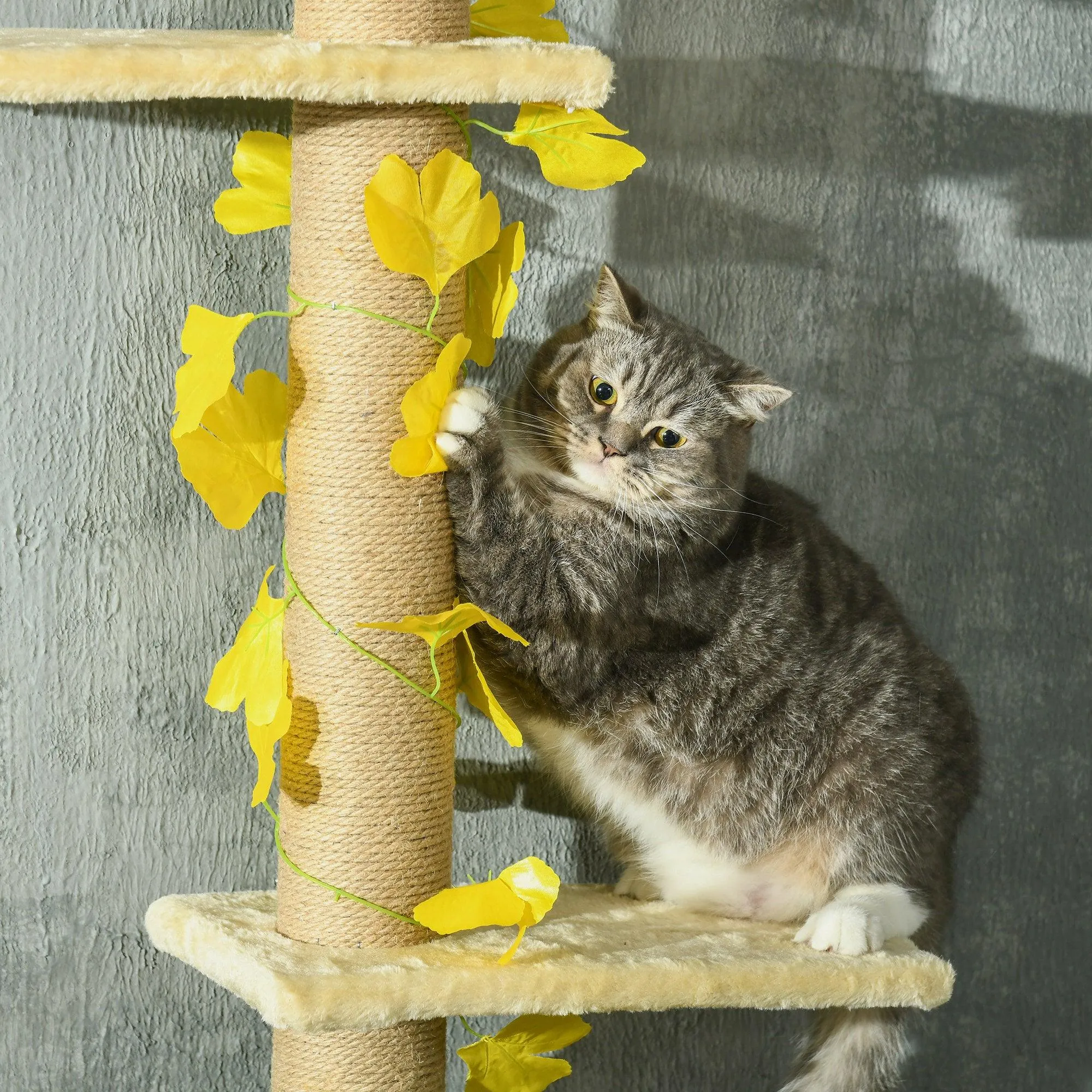 3-Tier Height Adjustable Cat Tree, 202-242cm - Beige & Yellow