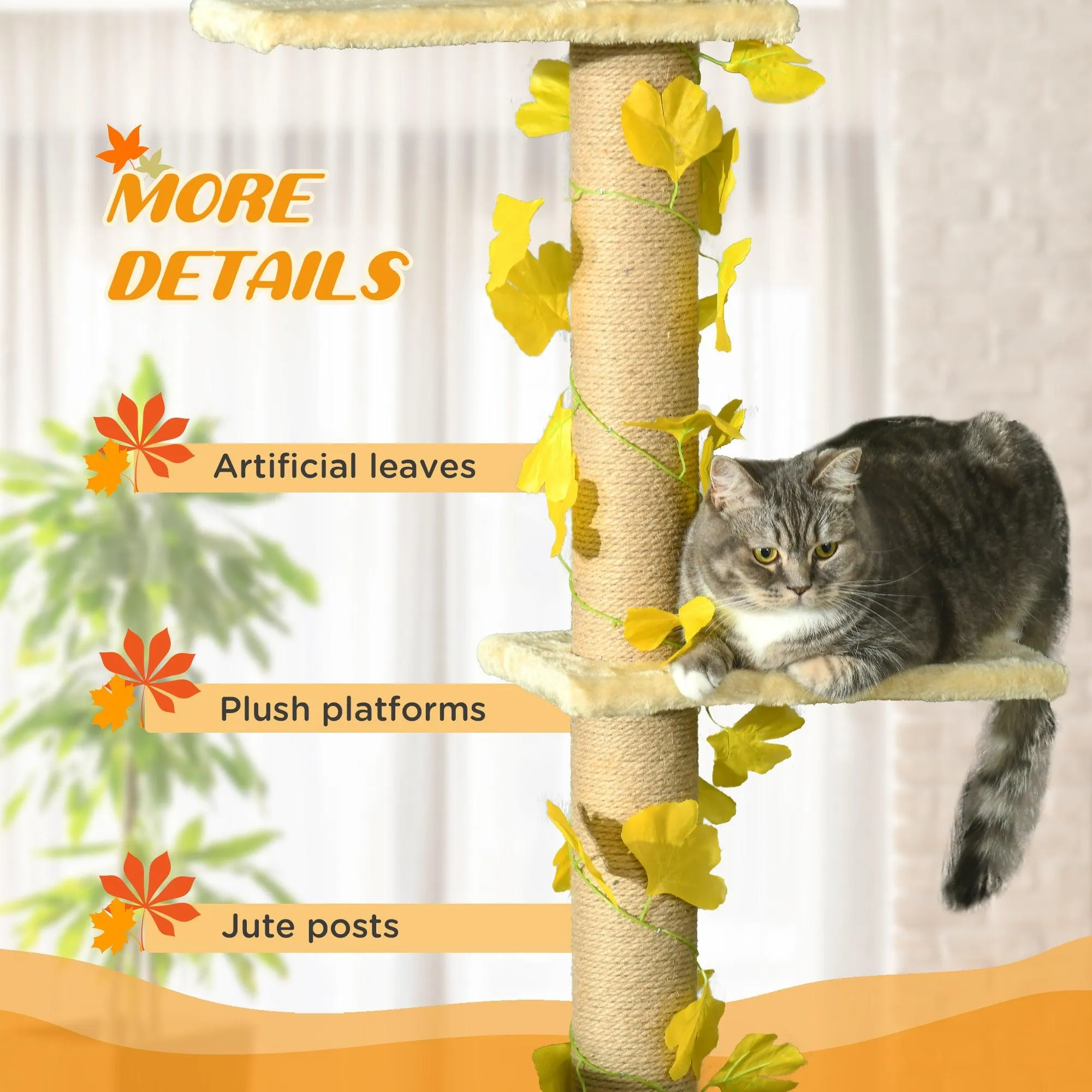 3-Tier Height Adjustable Cat Tree, 202-242cm - Beige & Yellow