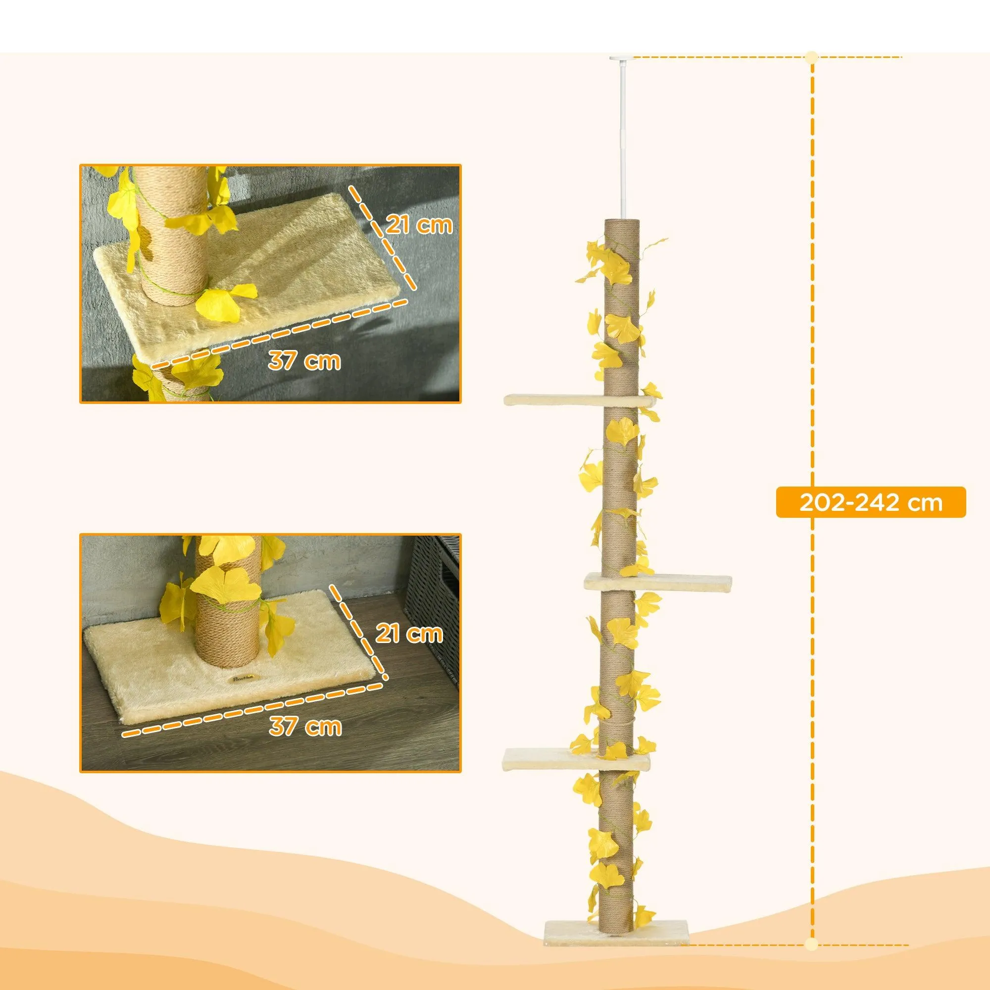 3-Tier Height Adjustable Cat Tree, 202-242cm - Beige & Yellow