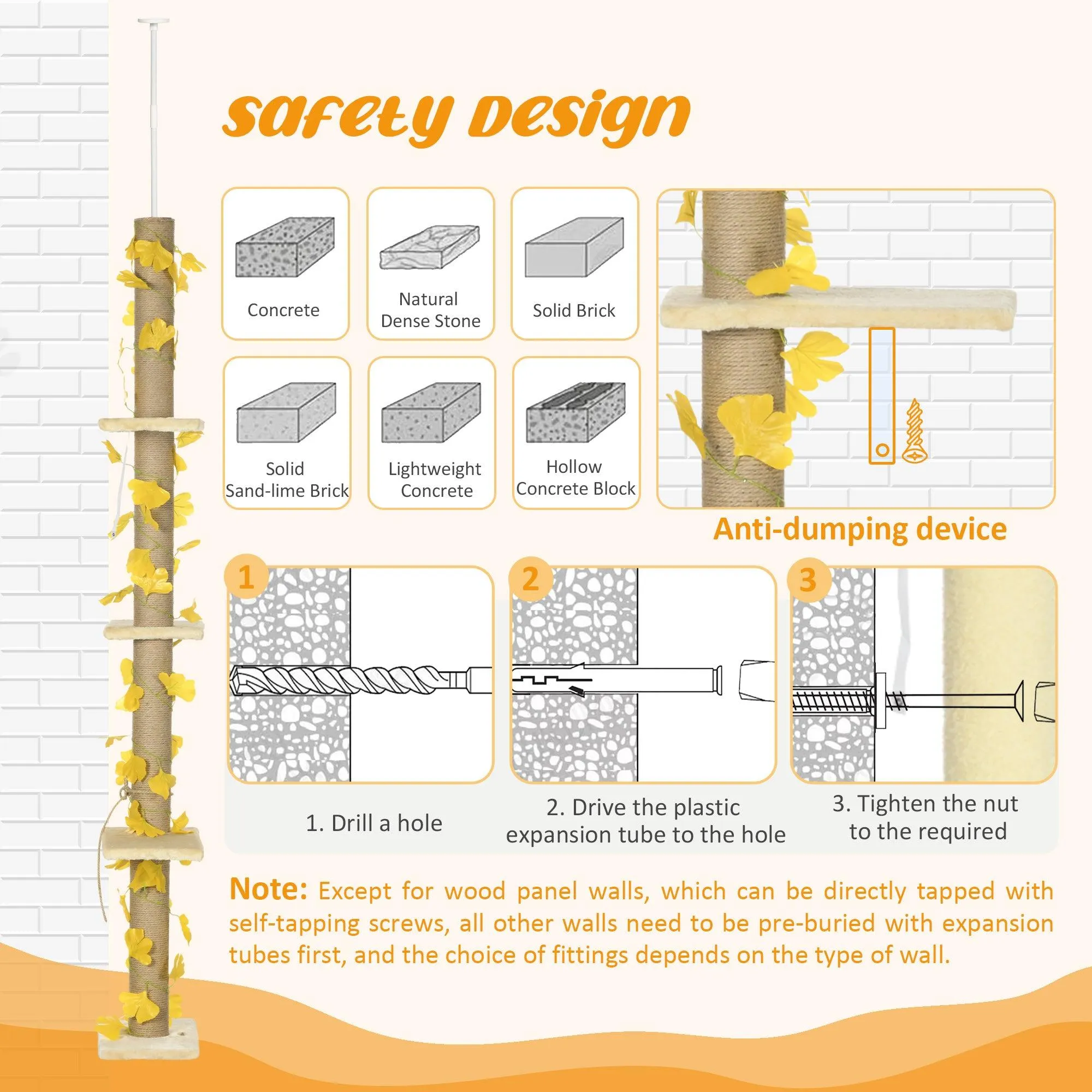 3-Tier Height Adjustable Cat Tree, 202-242cm - Beige & Yellow