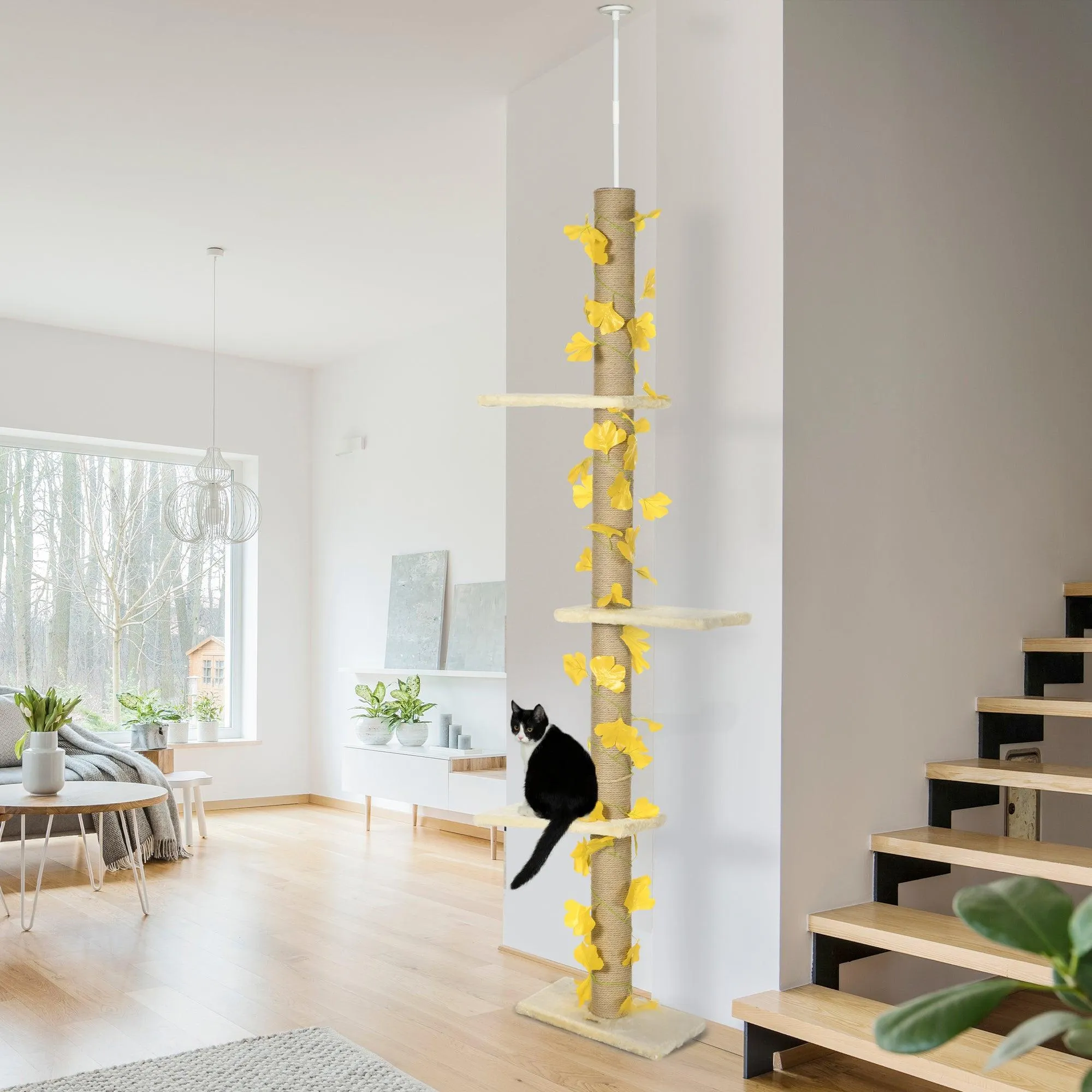 3-Tier Height Adjustable Cat Tree, 202-242cm - Beige & Yellow