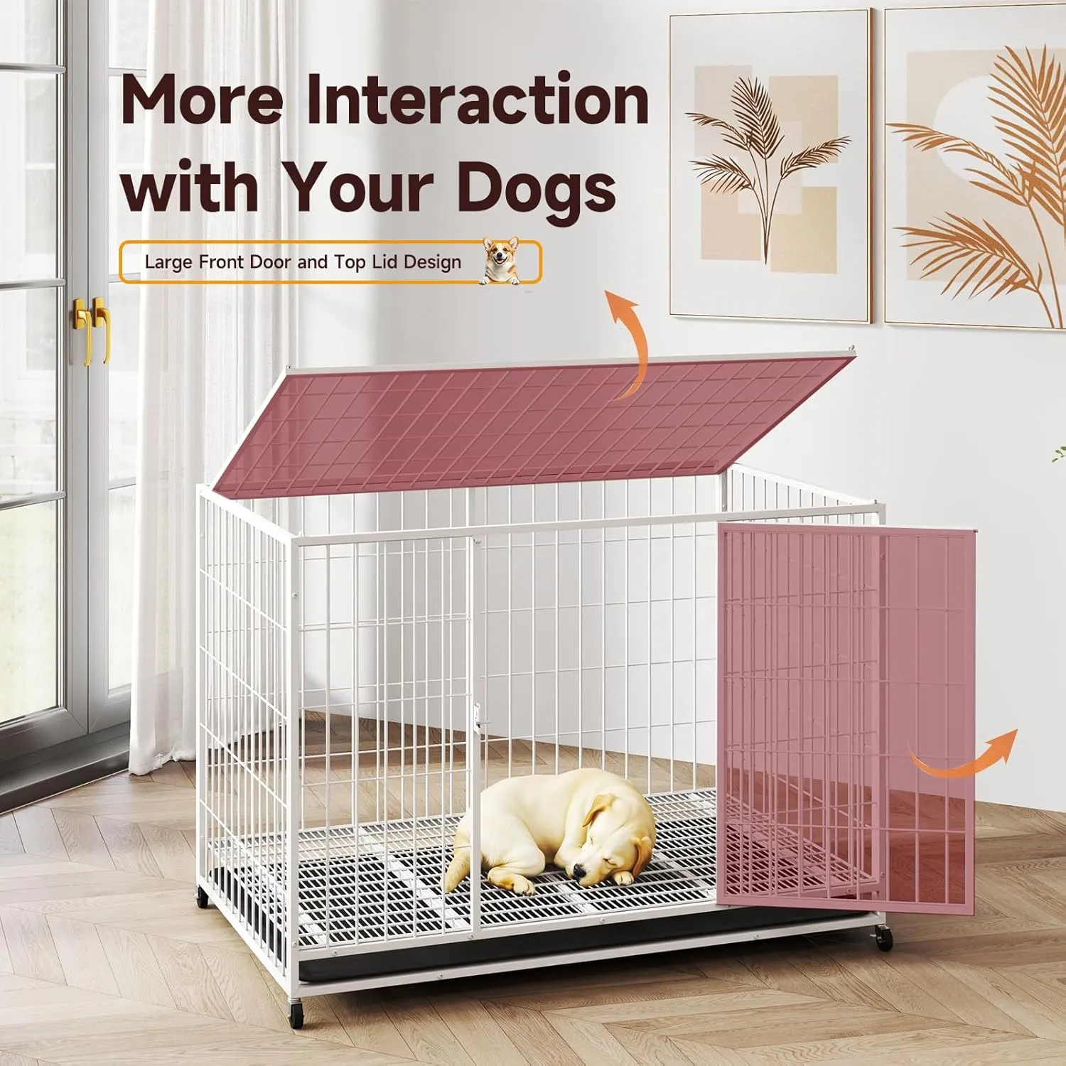42/38 Inch Dog Crates for Meidum Small Dogs Folding Metal Wire Cages Dog Kennels Pet Cage with Double-Door, Removable Tray White