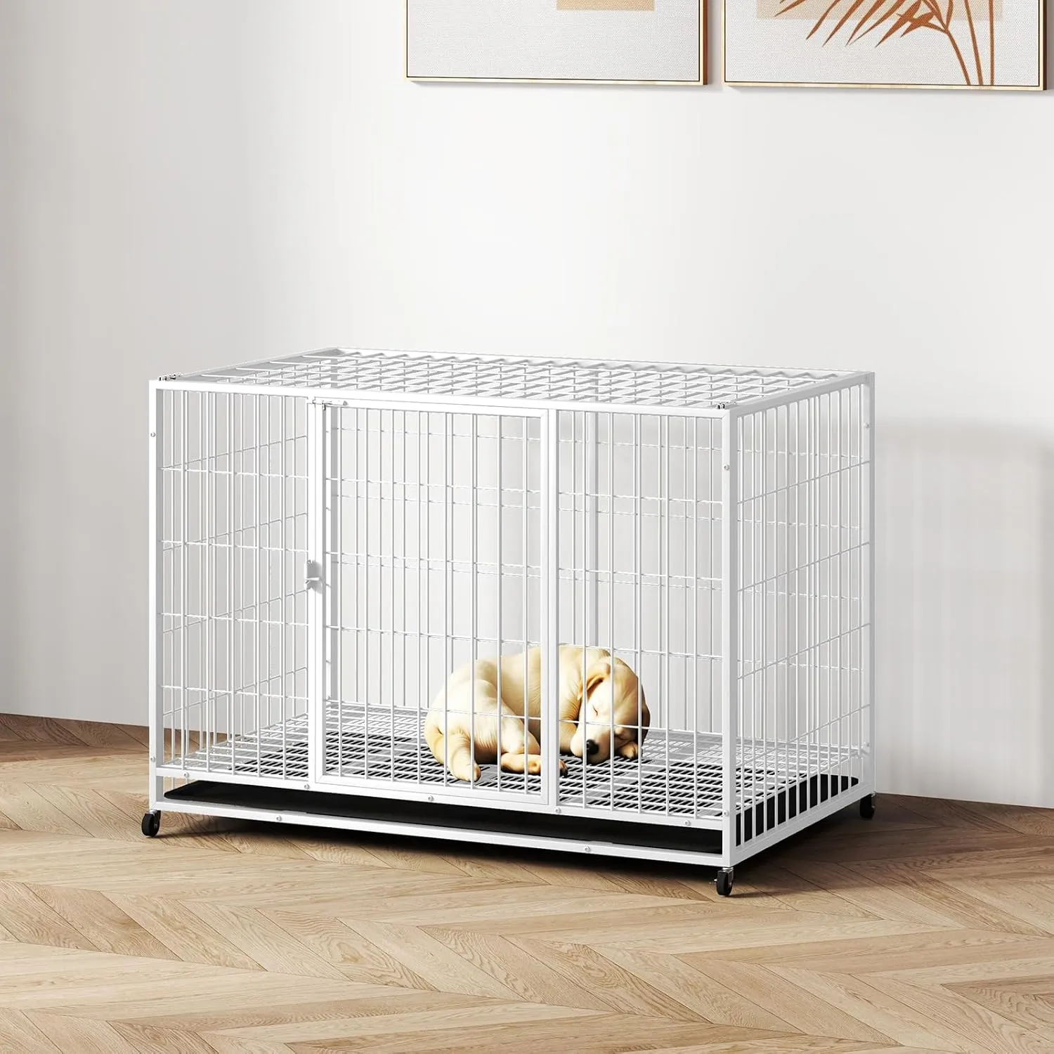 42/38 Inch Dog Crates for Meidum Small Dogs Folding Metal Wire Cages Dog Kennels Pet Cage with Double-Door, Removable Tray White
