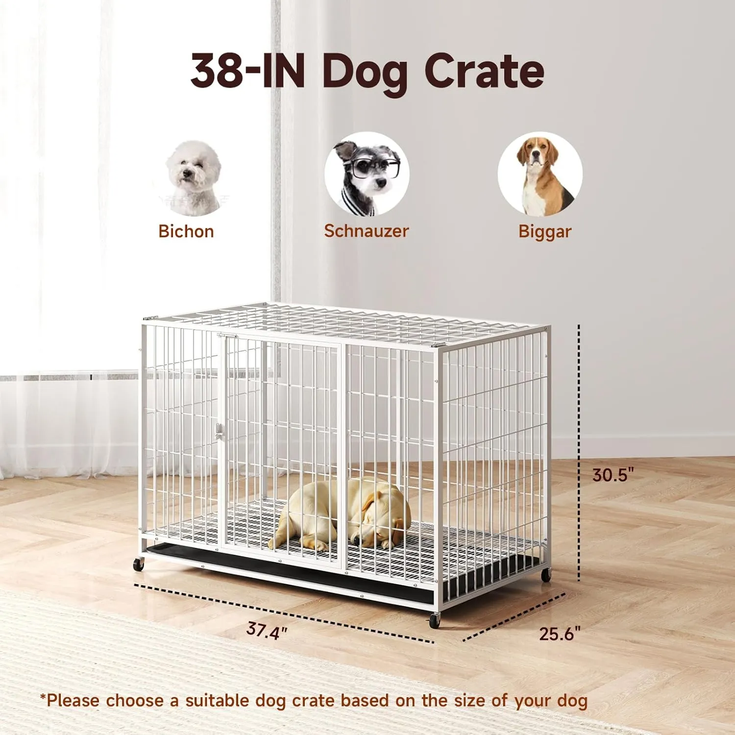 42/38 Inch Dog Crates for Meidum Small Dogs Folding Metal Wire Cages Dog Kennels Pet Cage with Double-Door, Removable Tray White