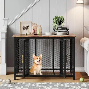48 Inch Large Dog Crate Furniture, Flip Top Dog Kennel with 2 Doors, Latches, Heavy Duty Metal Dog Cage End Table, Farmhouse Dog Furniture for Large Medium Small Dogs, Brown