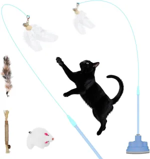 Cat Toys3 in 1 Dual Mode Interactive Feather Toy - Self-PlayEnhanced Suction Cup Kitten Wand ToySuctions to GroundToys for Bored Indoor Adult Cats (Blue)
