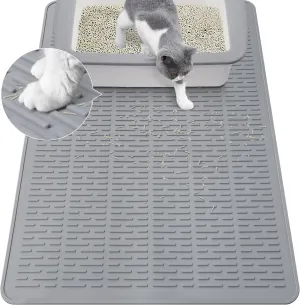 Coomazy 28x20" Large Water Resistant Cat Litter Box Mat - Easy Clean, Textured Backing for Stay-in-Place, Less Waste, Traps Mess, Soft on Paws, Perfect for Cleaner Floors, Gray