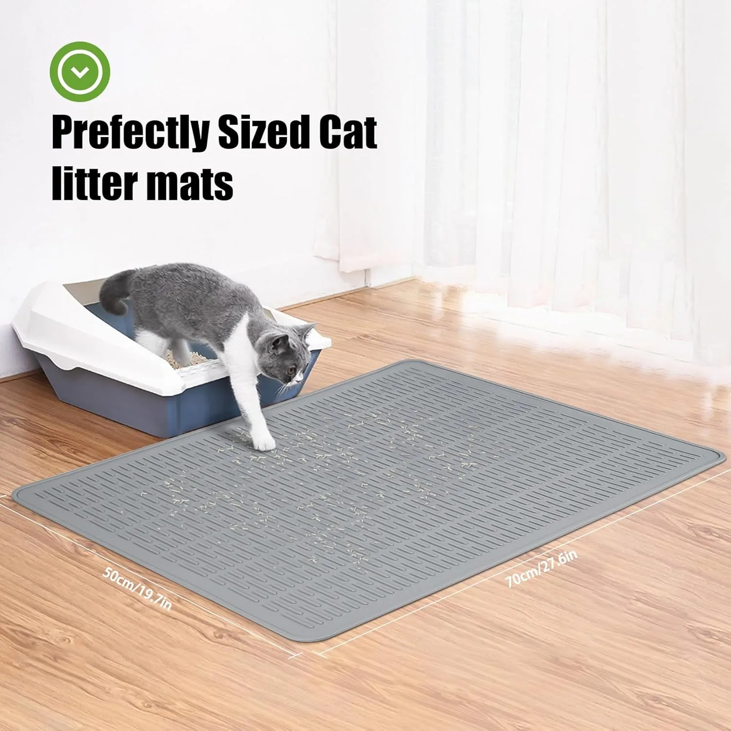 Coomazy 28x20" Large Water Resistant Cat Litter Box Mat - Easy Clean, Textured Backing for Stay-in-Place, Less Waste, Traps Mess, Soft on Paws, Perfect for Cleaner Floors, Gray