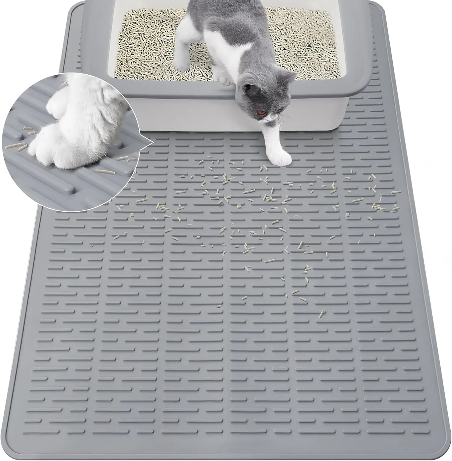 Coomazy 28x20" Large Water Resistant Cat Litter Box Mat - Easy Clean, Textured Backing for Stay-in-Place, Less Waste, Traps Mess, Soft on Paws, Perfect for Cleaner Floors, Gray