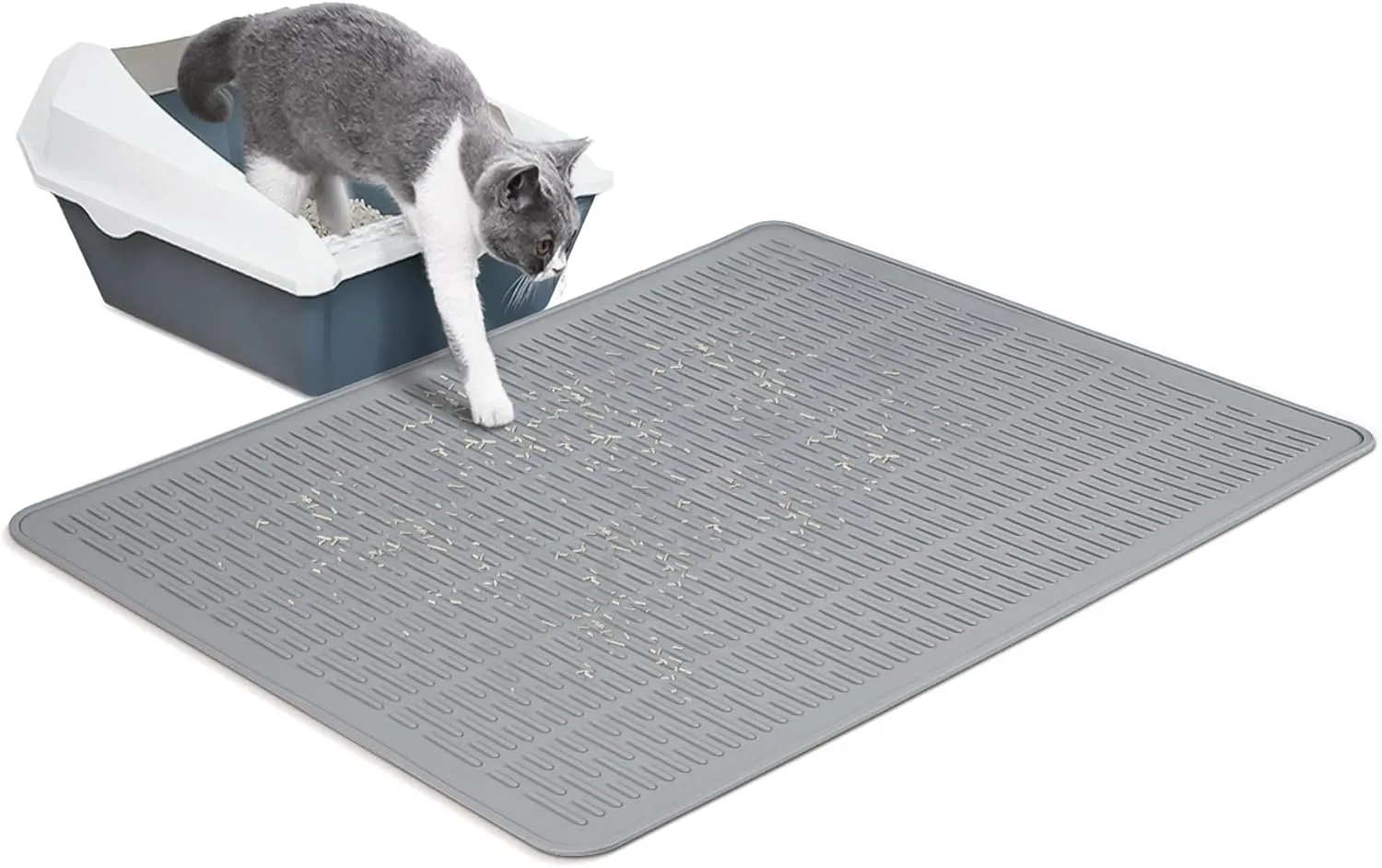 Coomazy 28x20" Large Water Resistant Cat Litter Box Mat - Easy Clean, Textured Backing for Stay-in-Place, Less Waste, Traps Mess, Soft on Paws, Perfect for Cleaner Floors, Gray