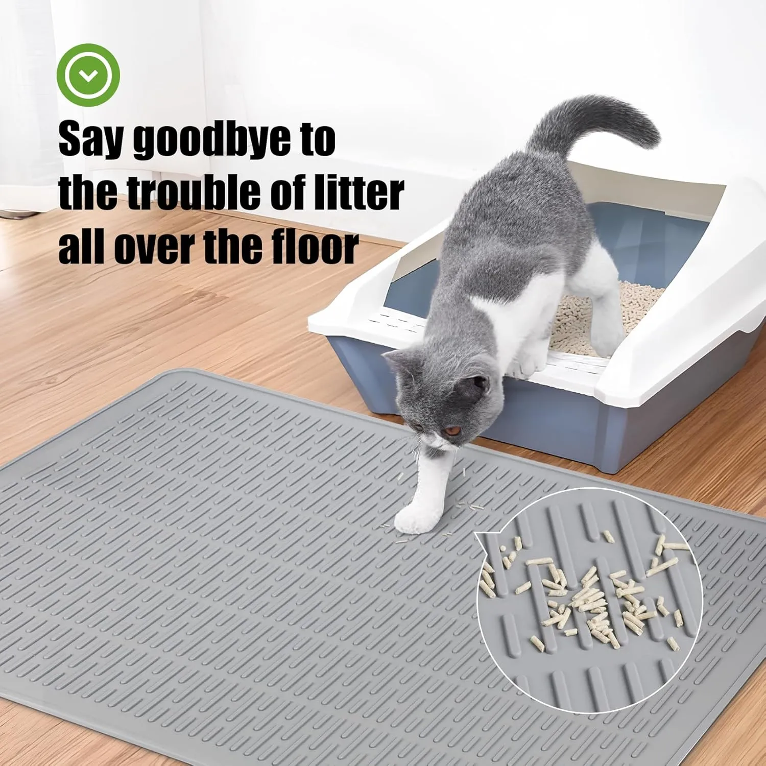 Coomazy 28x20" Large Water Resistant Cat Litter Box Mat - Easy Clean, Textured Backing for Stay-in-Place, Less Waste, Traps Mess, Soft on Paws, Perfect for Cleaner Floors, Gray