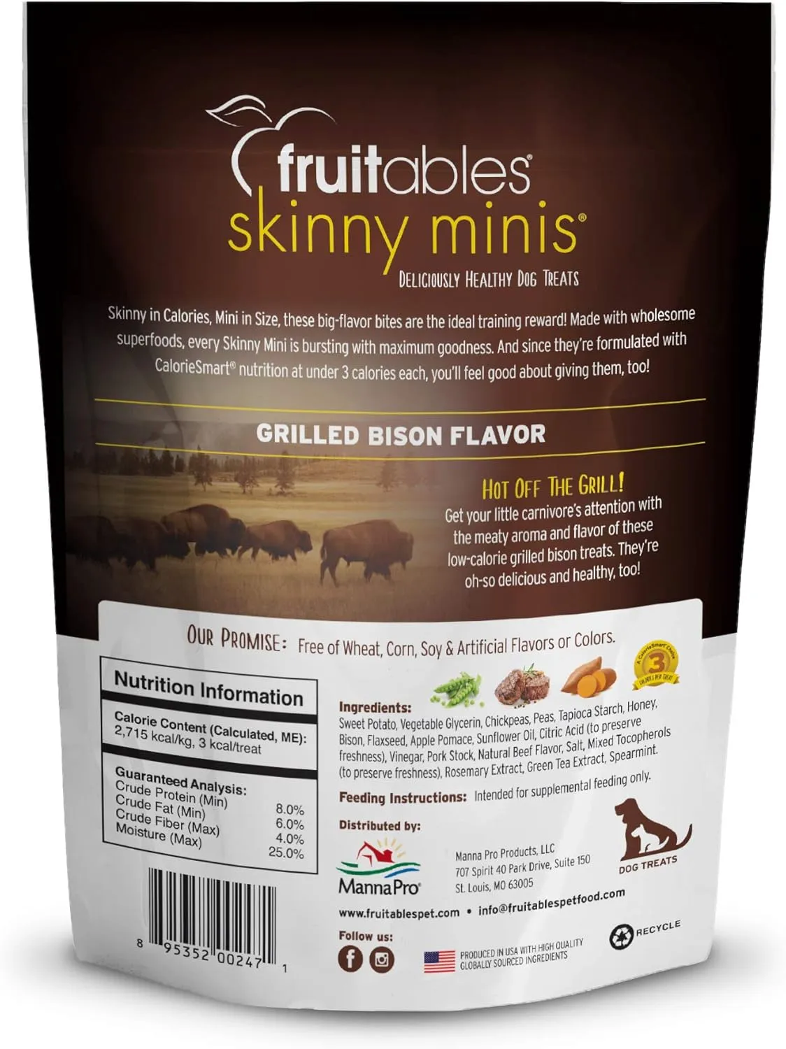 Fruitables Skinny Mini Dog Treats  Healthy Treats for Dogs  Low Calorie Training Treats  Free of Wheat, Corn and Soy  Grilled Bison  USA Made  5 Ounces
