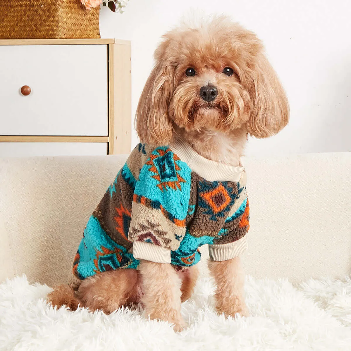 KUTKUT Small Puppy Dog Cat Warm Sweater, Geometric Pattern Breathable Round Neck Flannel Fleece Sweater, Winter Shirt for Yorkii, Maltese, Mini Pom Puppy Cats