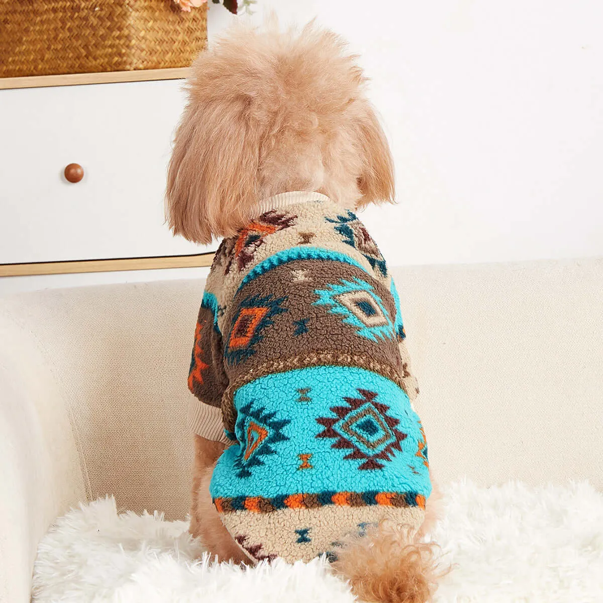 KUTKUT Small Puppy Dog Cat Warm Sweater, Geometric Pattern Breathable Round Neck Flannel Fleece Sweater, Winter Shirt for Yorkii, Maltese, Mini Pom Puppy Cats