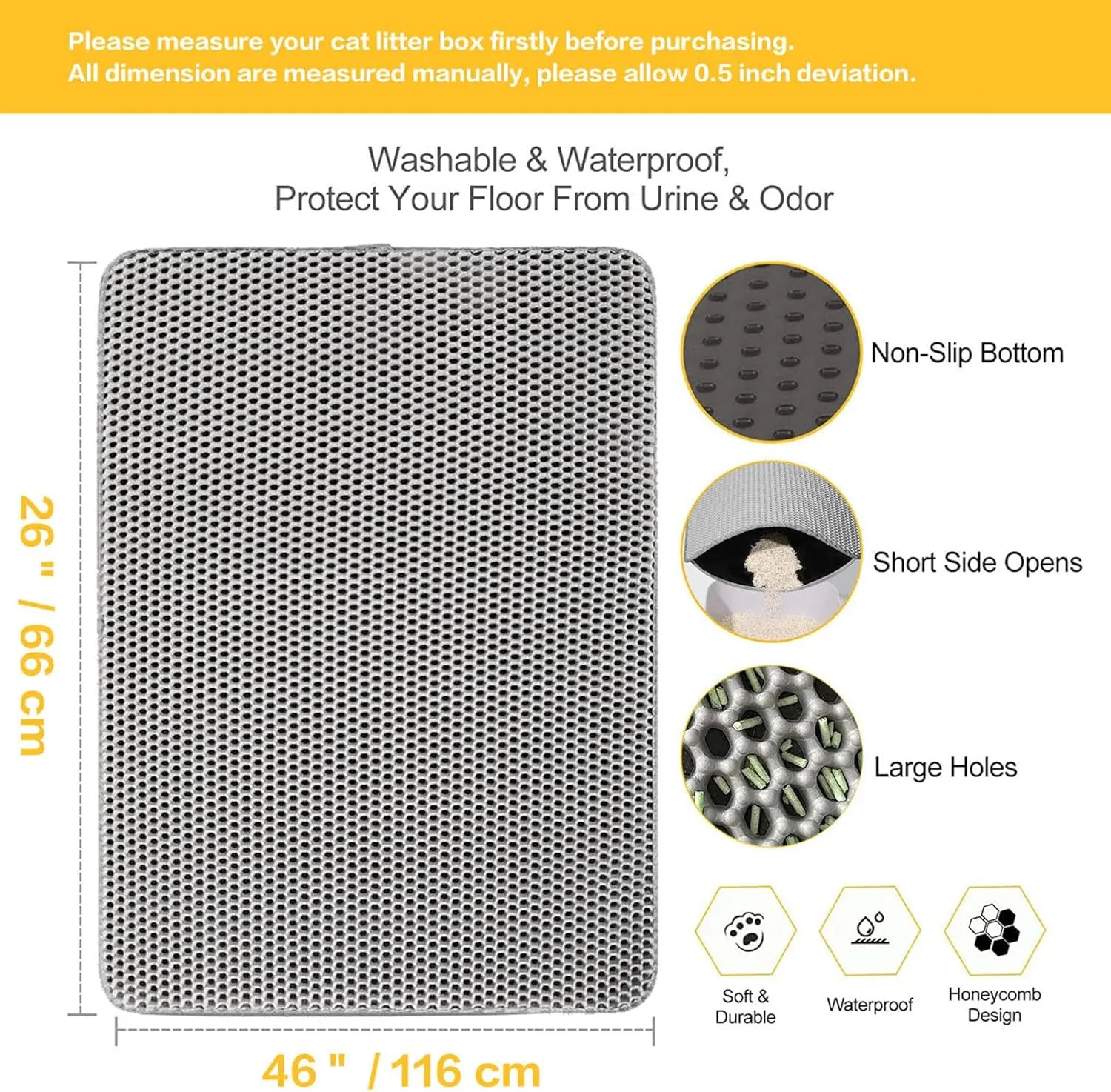 Litter Box Mat, 24X35In/26X46In Honeycomb Double Layer Litter Rug Cat Litter Trap Mat, Less Waste,Soft On Paws,Non-Slip,26X46In-Beige