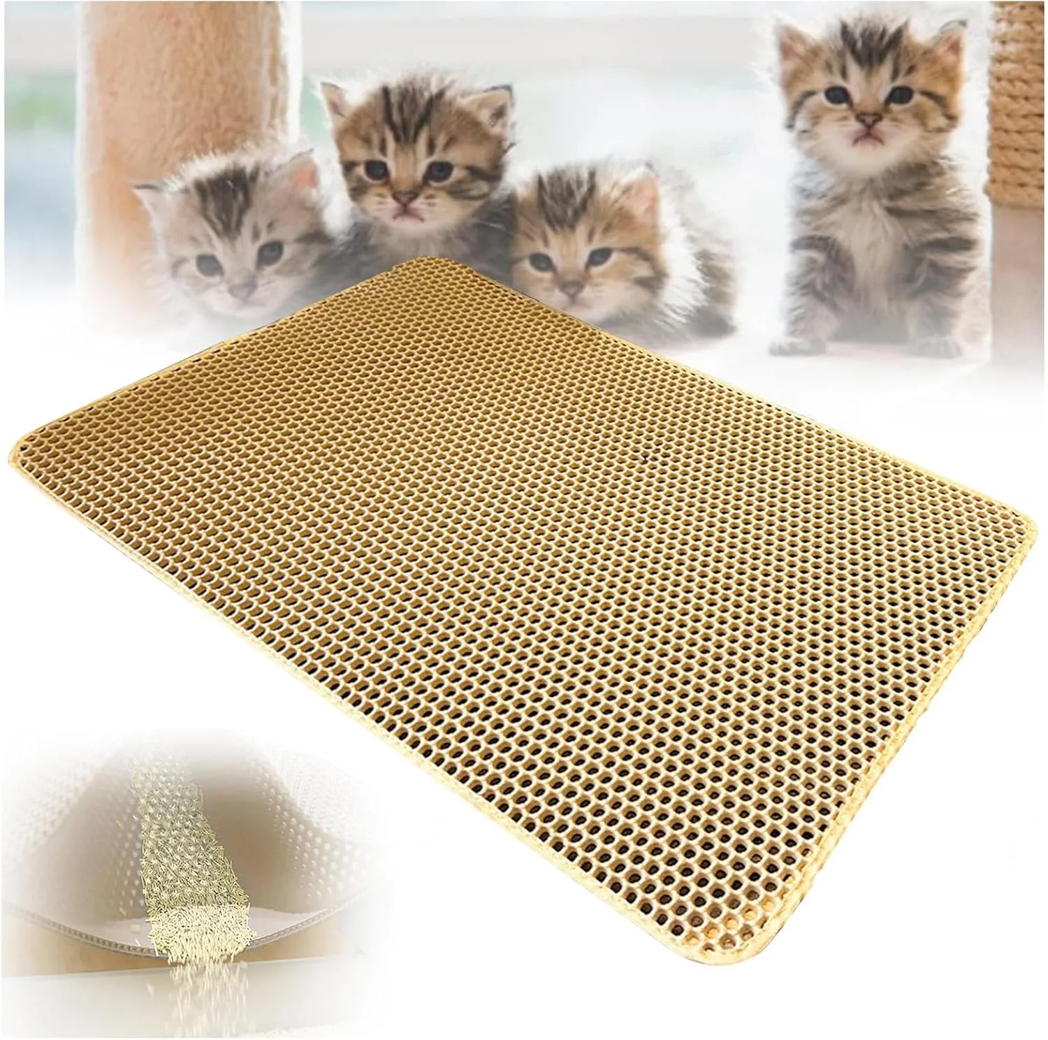Litter Box Mat, 24X35In/26X46In Honeycomb Double Layer Litter Rug Cat Litter Trap Mat, Less Waste,Soft On Paws,Non-Slip,26X46In-Beige