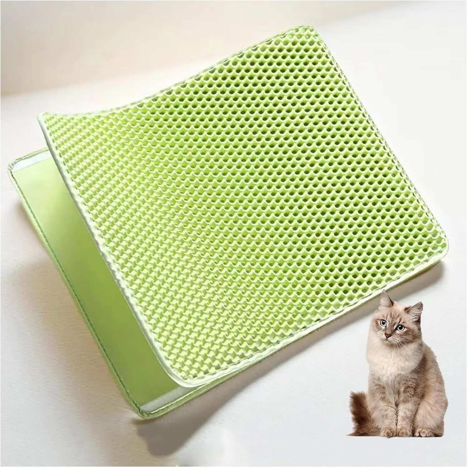 Litter Mat, Honeycomb Double Layer Easy Clean Cat Litter Trap Mat Less Waste,Soft On Paws,Non-Slip, Litter Catcher Mat,Green-M