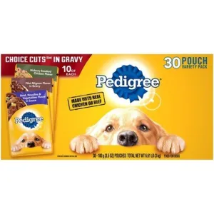 Pedigree Pouch Cuts in Gravy Beef Noodle and Filet Multi-Pack Wet Dog Food - 3.5 oz - Case of 30