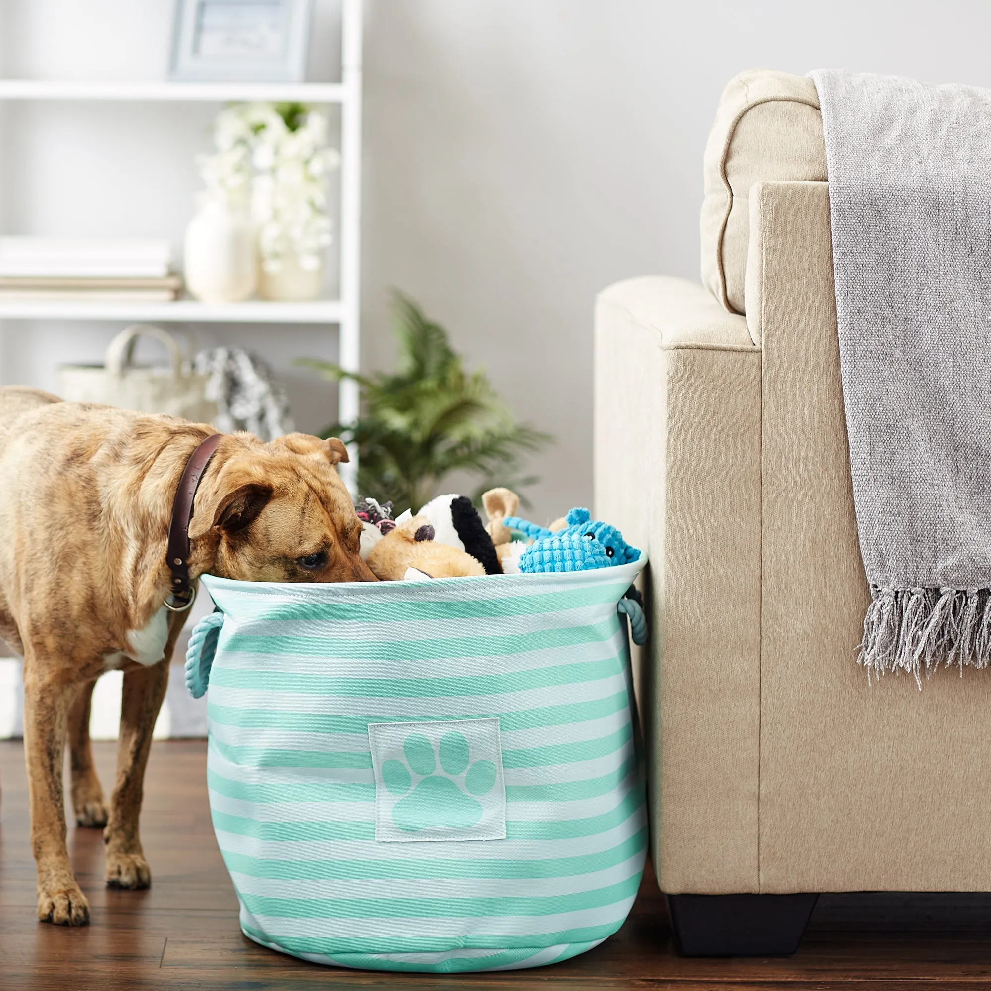 Polyester Pet Bin Stripe With Paw Patch Aqua Round Large 15X18X18