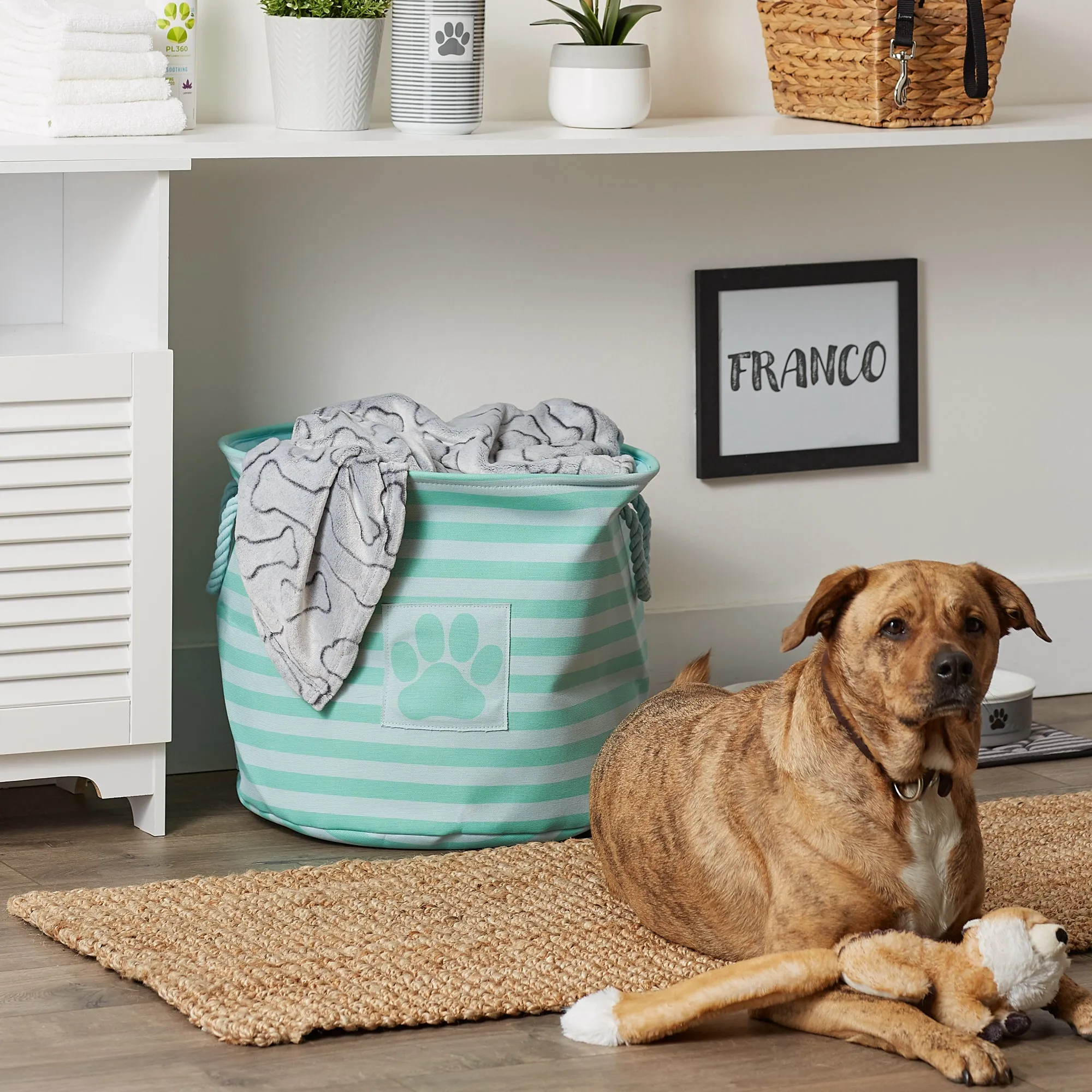 Polyester Pet Bin Stripe With Paw Patch Aqua Round Large 15X18X18