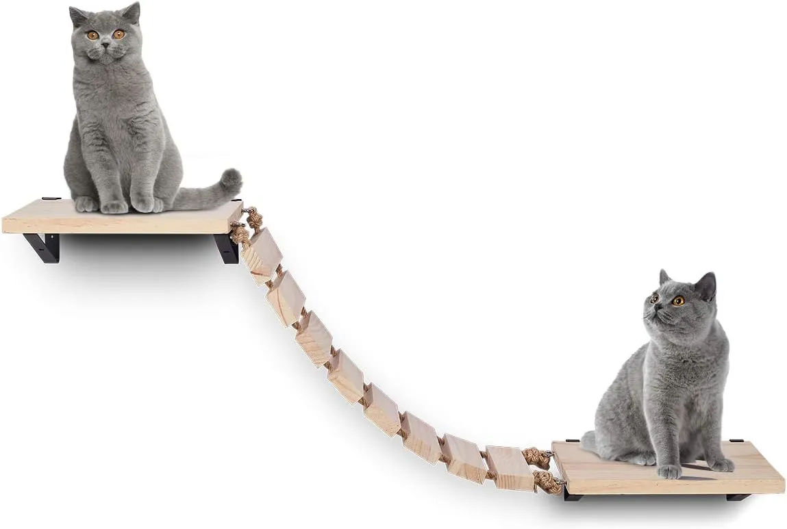 Purife Handcrafted Wall Mounted Cat Shelves, Cat Wall Furniture Set, Cat Wall Bridge Shelf & Perch, Cat Climbing Wall Steps Ladder Cat Hammock Bed