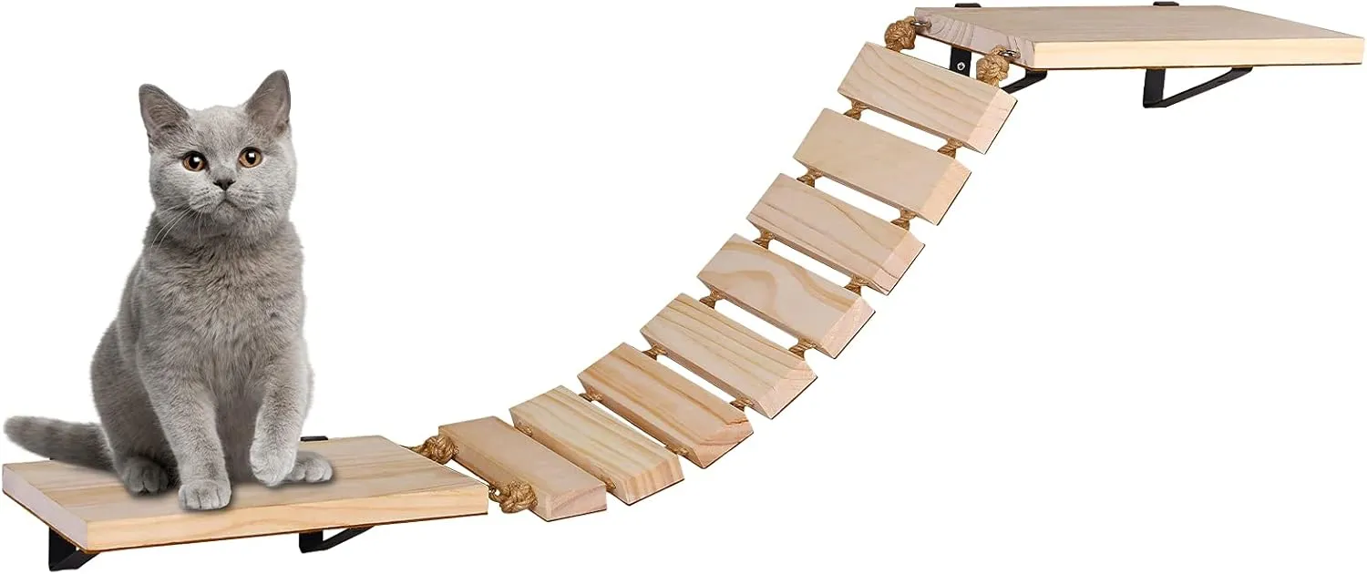 Purife Handcrafted Wall Mounted Cat Shelves, Cat Wall Furniture Set, Cat Wall Bridge Shelf & Perch, Cat Climbing Wall Steps Ladder Cat Hammock Bed