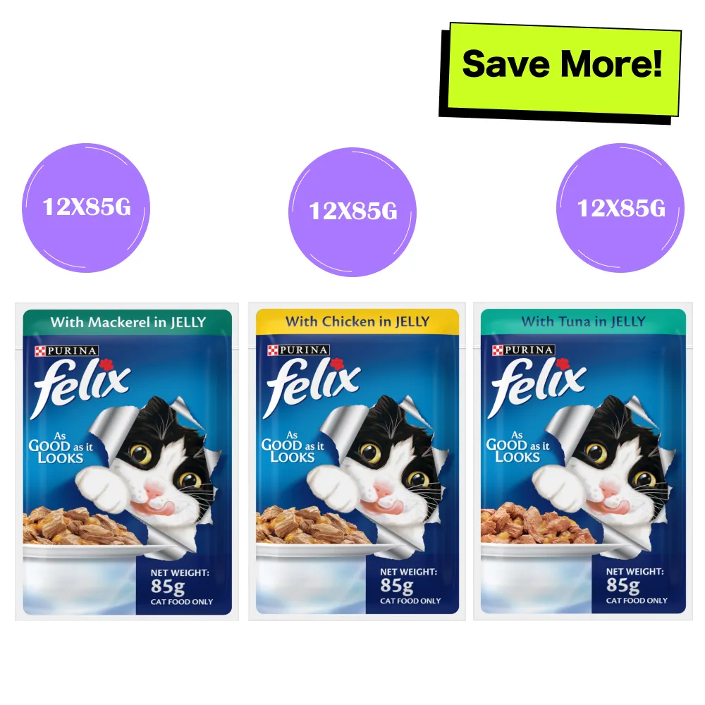 Purina Felix Mackerel with Jelly, Chicken with Jelly and Tuna with Jelly Adult Cat Wet Food Combo