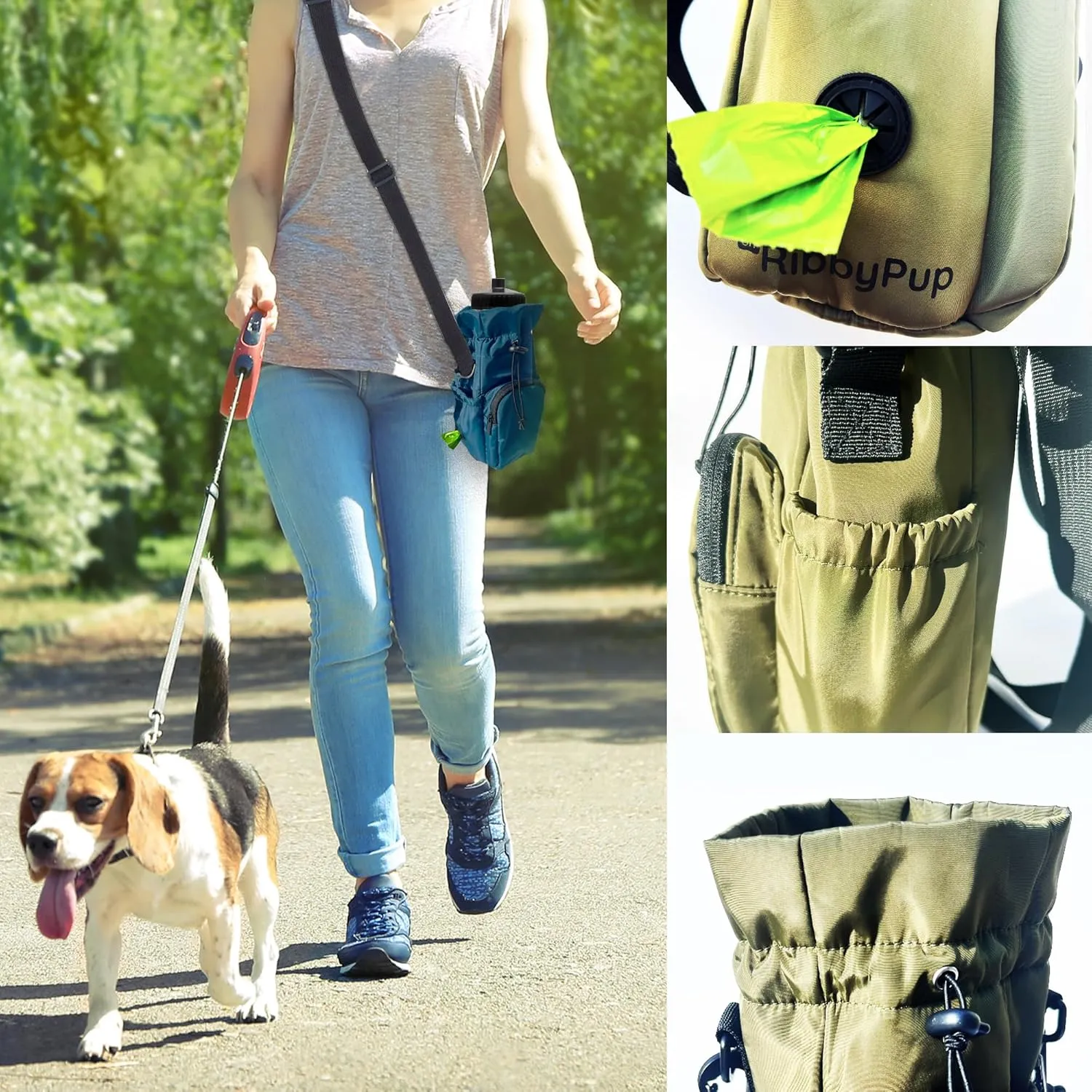 RibbyPup Waterproof Dog Walking Bag with Universal Water Bottle Holder, Built-In Poop Bag Dispenser, Unisex Cross-Body Treat Pouch (Gray)