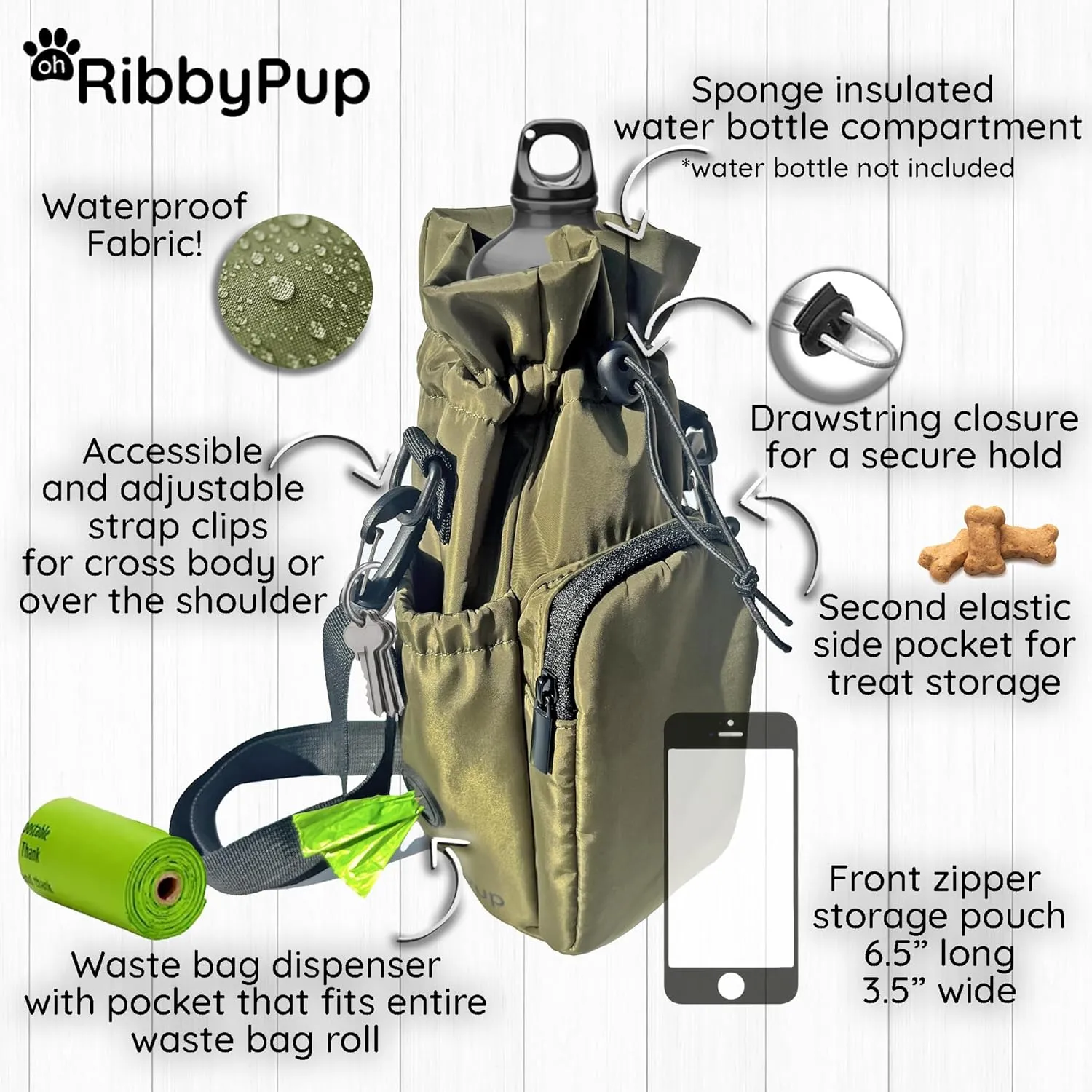 RibbyPup Waterproof Dog Walking Bag with Universal Water Bottle Holder, Built-In Poop Bag Dispenser, Unisex Cross-Body Treat Pouch (Gray)