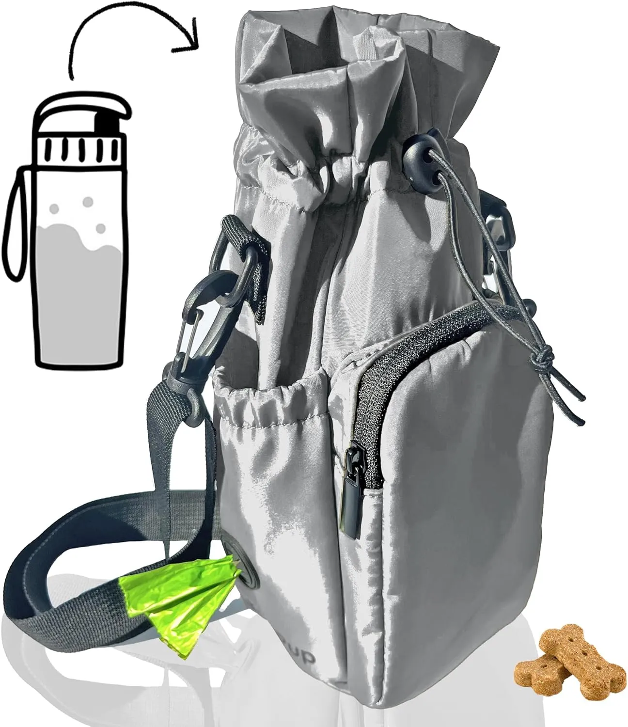 RibbyPup Waterproof Dog Walking Bag with Universal Water Bottle Holder, Built-In Poop Bag Dispenser, Unisex Cross-Body Treat Pouch (Gray)