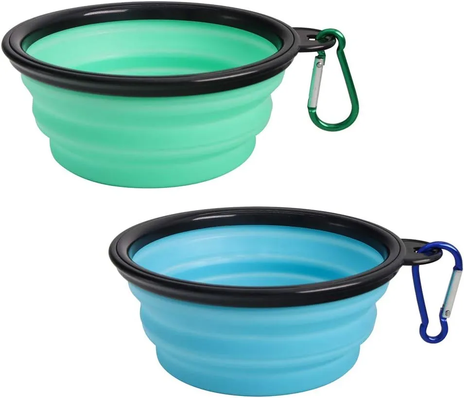 SLSON Collapsible Pet Bowl Dog Bowls 2 Pack, Portable Silicone Pet Feeder, Foldable Expandable for Dog/Cat Food Water Feeding, Travel Bowl for Camping (Light Blue Light Green)