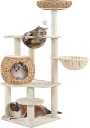 Yaheetech Cat Tree, 54in Rattan Cat Tree Tower with Luxury Woven Condo, Clear Bowl, Washable Cushions, and Scratching Posts, Cat Furniture for Indoor Cats